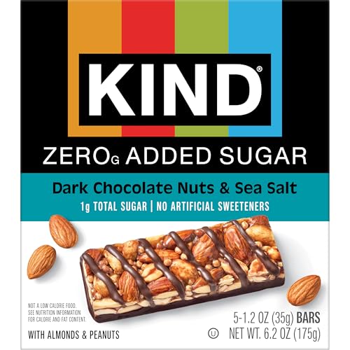 Image of Kind Zero Added Sugar Healthy Snacks Bars, Dark Chocolate Nuts & Sea Salt, Gluten Free, High Fiber, Keto Snacks, 5g Protein, 30 Count | A pre-workout boost with 0g added sugar, 5g protein and 4g net carbs. These crunchy, keto-friendly nut bars are gluten free.