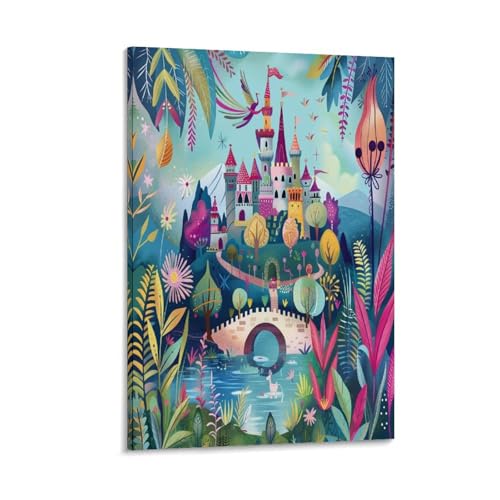 EUUMKOO Lienzo colorido de castillo, arte de pared, puente de arco de dibujos animados, pintura sobre lienzo, póster impreso, decoración de arte para el hogar, sala de estar, dormitorio, decoración de