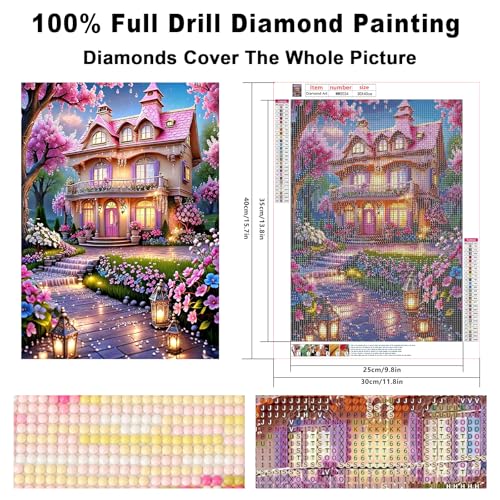 Image of AiYuanzsh 5D Diamond Painting Kits for Adults, European Cottage Diamond Art Kits for Adults Beginners, Cherry Blossoms Landscape DIY Full Drill Diamond Dot Gem Painting for Home Wall Decor 12x16 inch