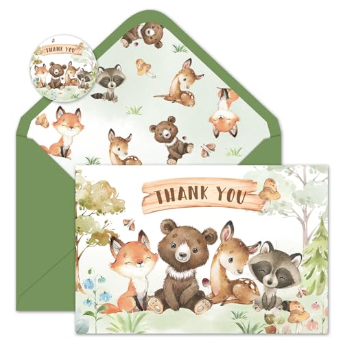 Whaline 24 Packs Woodland Thank You Cards Forest Animals Greeting Cards Blank Note Cards with Envelopes and Stickers for Baby Shower Birthday Holiday...
