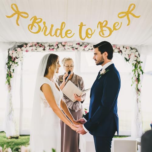 Image of Bride to Be Banner, Gold Bride to Be with Bow Glitter Bachelorette Banner