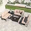 RTDTD 8 Piece Patio Furniture Set with 45" Propane Gas Fire Pit Table Outdoor Patio Conversation Sectional Sofa Set with Coffee Table for Patio, Backyard, Deck(Sand)