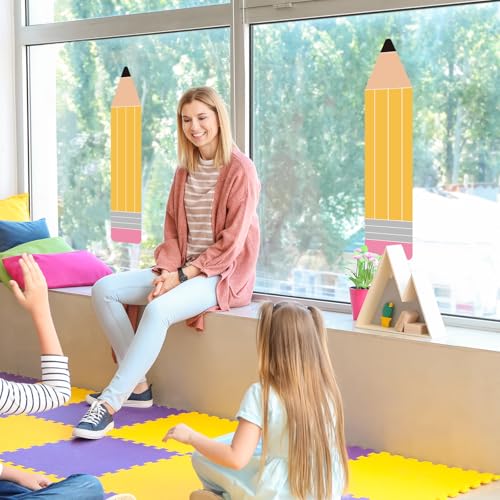 Image of Whaline 39.4'' Extra Large Pencil Window Clings Back to School Decoration | Double Sided Reusable Anti-Collision Windows Decals for First Day of School Reading Classroom Door Wall Decor, 2 Sheets