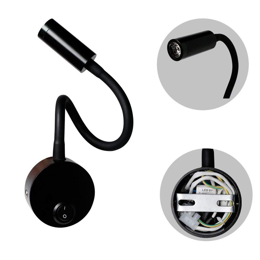 2 Pièces Noire Lampe de Lecture Murale 3W - Applique de Bureau en Aluminium à Cou Flexible Réglable, avec Interrupteur LED Soins des Yeux