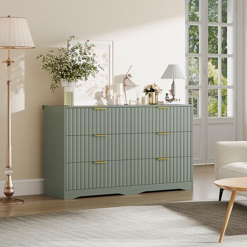 Image of Fluted 6 Drawer Dresser for Bedroom, 55 inch Wide Modern Wooden Chest of Drawers with Metal Handles, TV Stand & Closet Storage Organizer for Living Room,Hallway, Green