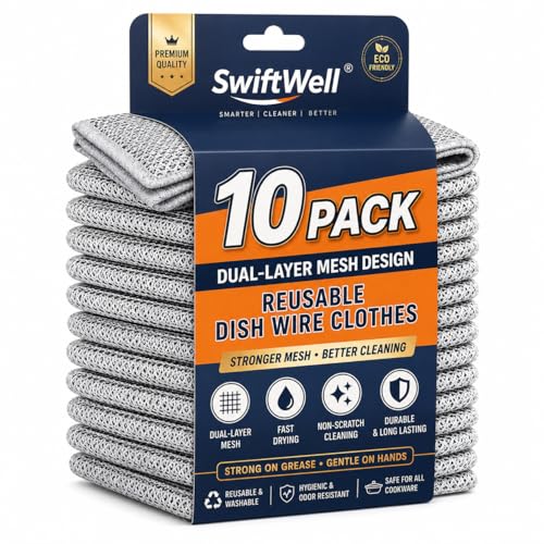 Image of SwiftWell Multipurpose Dish Wire Cleaning Cloths - Pack of 10, Dual-Layer Non-Scratch Mesh Scrubber for Kitchen Utensils, Cookware, and Heavy-Duty Cleaning