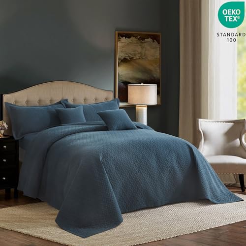 Image of Oversized King Bedspread 128x120 Extra Wide, Diamond Geometric Quilt Set King /Cal King, Lightweight Reversible Coverlet, Straight Edge - Modern Contemporary Look, 5 Piece, Navy