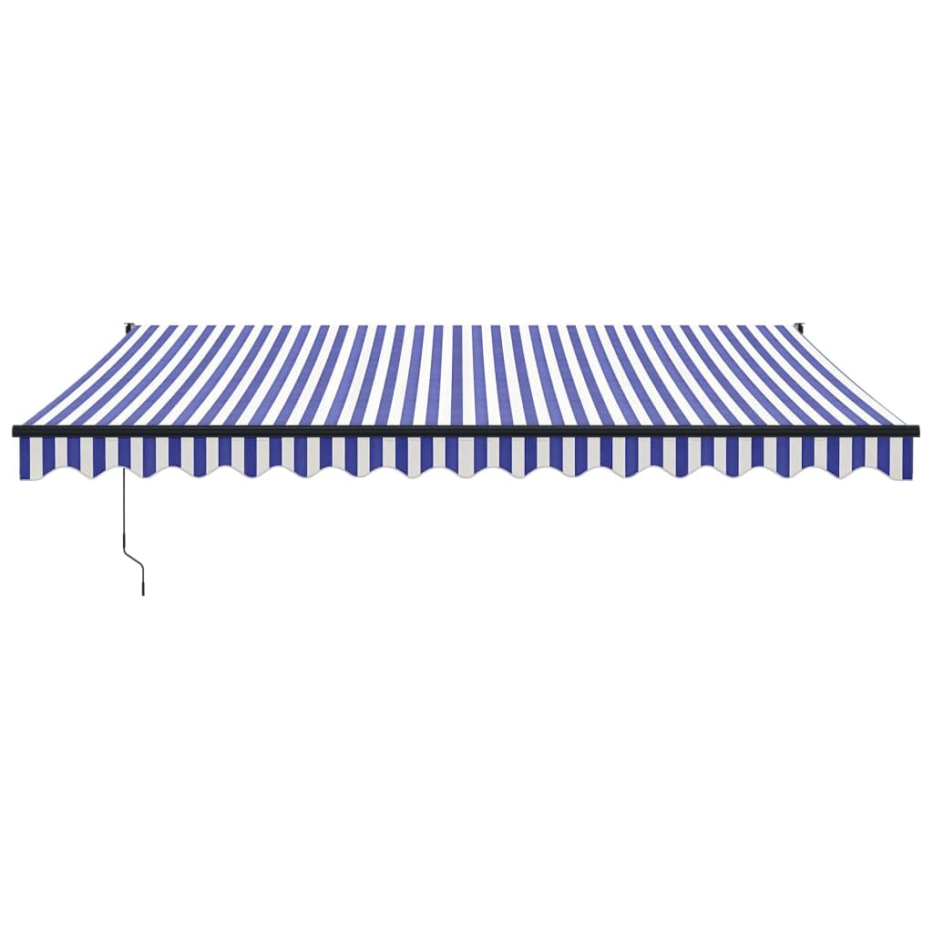 Tenda da sole elettrica con manovella, 4,5 x 3 m, braccio snodato, colore blu e bianco, motore e telecomando, in alluminio e poliestere, protezione solare per terrazza, balcone, giardino