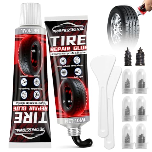 Tire Repair Glue, Black Sidewall Rubber Cement Kit, Seamless Strong Bonding, Flexible, Waterproof, Suitable for All Tire Types, Two Sizes Nail for Car, Motorcycle, Bike, Rc and More 20ml