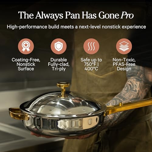 Image of Our Place Titanium Always Pan Pro | 10.6 inch PFAS-Free Nonstick Frying Pan with Spatula | Chef-Grade Tri-Ply Stainless Steel & Aluminum Build | Induction & Oven-Safe up to 750F | Gold