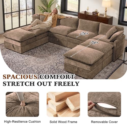 Image of Ihanherry 135 inch Oversized Sectional Sofa Bed with Storage, 8-Seater Modular Cloud Couch with Movable Ottomans, Chenille Deep Seat Sleeper Couches for Living Room (Brown)