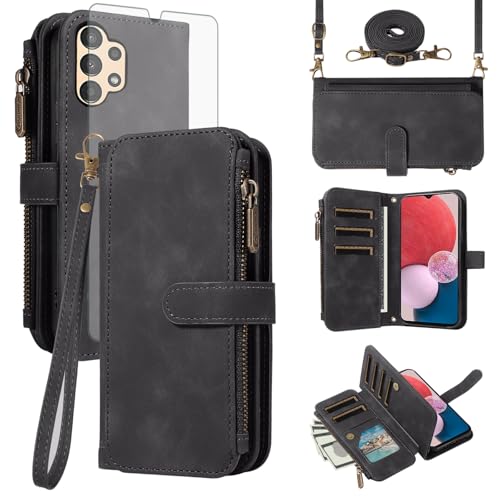 Asuwish Coque pour Samsung Galaxy A13 4G/5G A04S Portefeuille avec Verre Trempé et Cordon Porte Carte Cuir à Clapet Support Galaxie A 13 LTE 13A A135F AO4s...