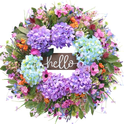 AMORISE Spring Summer Wreaths for Front Door, 24 Inch Large Floral Wreath with Purple Blue Hydrangea Anemone and Wildflower, Dried Floral Wreath for Indoor Oudoor Home Farmhouse Festival Decoration