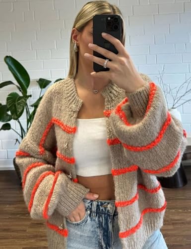 QIBABU Womens Striped Cardigan Sweaters Casual Open Front Long Sleeve Button Down Knit Outwear2