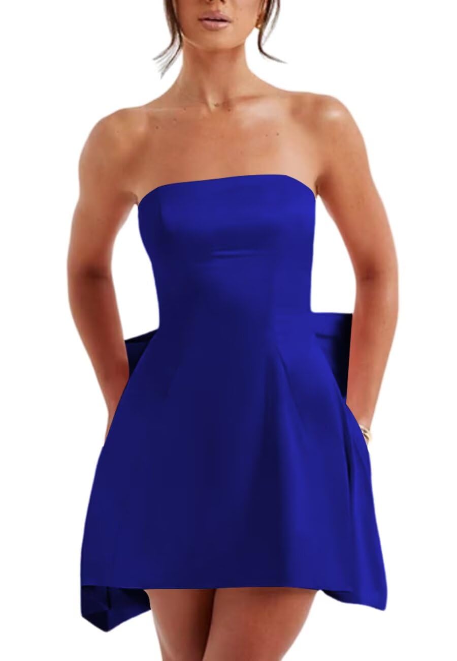 PUXIU Satin Homecoming Dressse for Teens with Pockets Strapless Prom Cocktail Mini Party Dress with Bow on Back PUS063