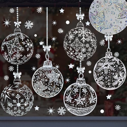 Extra Large Christmas Window Stickers Silver, Reusable Xmas Stickers for Christmas Decoration,8 Silver Ball Snowflake Star Design