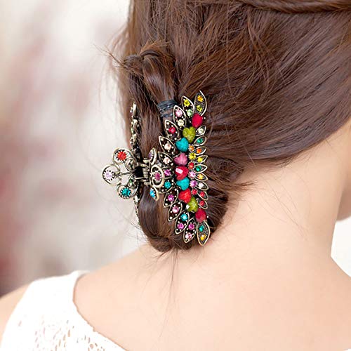 Women Lady Retro Flowers Hair Claw Clip Vintage Alloy Rhinestone Non-Slip Hair Jaw Clips Hairpin Large Hair Updo Grip Bath Accessories For Thick Hair Fancy Hair Clamp (Colourful) #TOP1