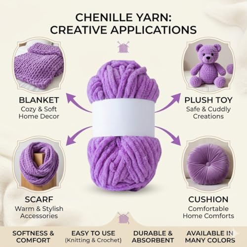 Image of Soft Chenille Yarn 100 gm Velvet Wool Oon for Crochet Knitting DIY Craft Multipurpose Yarn Ball for Blanket Scarf Cushion Making (Purple)