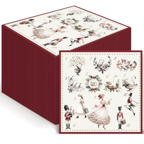 100 Pcs 12 Days of Christmas Napkins 2 Ply Decoupage Winter Holiday Cocktail Paper Napkin 5 x 5 Inch Partridge French Hens Gold Rings Disposable Hand Towel for Christmas Table Party Supplies(Red)