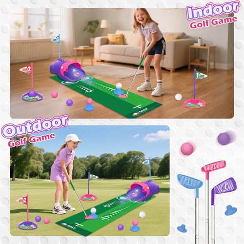 TERRAMUS Kinder Golfset mit Dinosaurier Automatischer Ballrückgabe, LED Leuchtgolfbälle, 3 Schläger, Putting-Matte, Mini Golf für 3-8jährige Kleinkinder, Sportspielzeug für Jungen Mädchen (Pink)