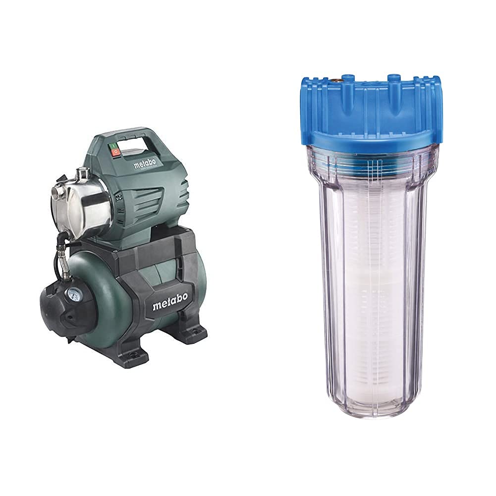 Metabo Hauswasserwerk HWW 4500/25 Inox (1300 Watt, 4,8 bar, 24 Liter, Fördermenge 4500 Liter/Stunde, Rückschlagventil Hauswasserautomat mit Start) & Güde 94462 Typ B Wasserfilter, Blau, transparent