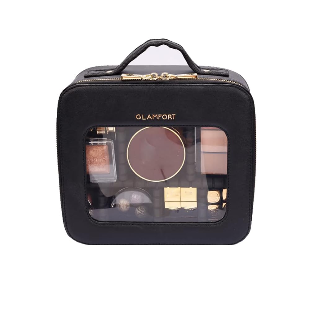 Makeup Bag Organiser, Professional Portable Makeup Case with Adjustable Dividers Large Travel Make Up Bag for Women Girls (10.2in, Clear Black)