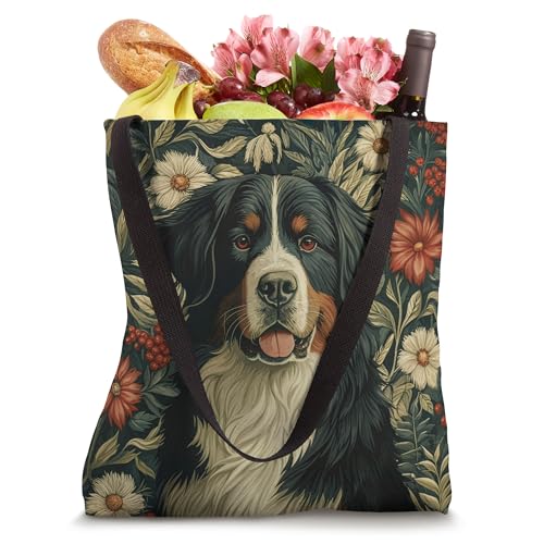 Bolso tote vintage navideño suizo con flores y perro Bernese Mountain Dog miniatura 4