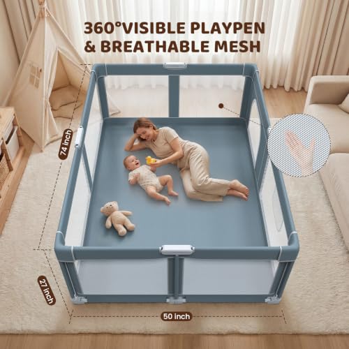 Image of Foldable Baby Playpen - 74 inchx50 inch Collapsible Play Pen for Babies and Toddlers - Indoor Outdoor Foldable Play Yard with 4 Handles - Folding Baby Playpen with Bag Portable Travel Play Yard