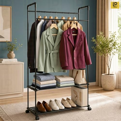 Image of LEOPAX Premium Cloth Rack Stand for Clothes | Double Rod Garment Rack with Shelves & Wheels, Heavy Duty Metal Clothes Organizer, Portable Wardrobe Hanger Stand for Bedroom, Living Room & Closet