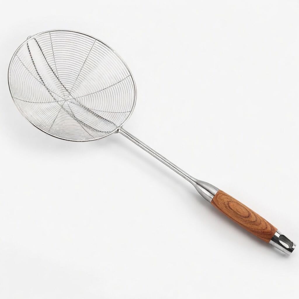 Spider Strainer Skimmer Spoon with Wooden Handle – Stainless Steel Deep Fry Strainer for Tempura, Frying, Hot Pot & Pasta – Heat Resistant Kitchen Skimmer Spoon