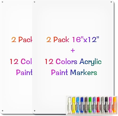 Paquete de 2 letreros de metal en blanco con marcadores de pintura acrílica de 12 colores, 16 x 12 pulgadas, aluminio blanco de 0.04 pulgadas,