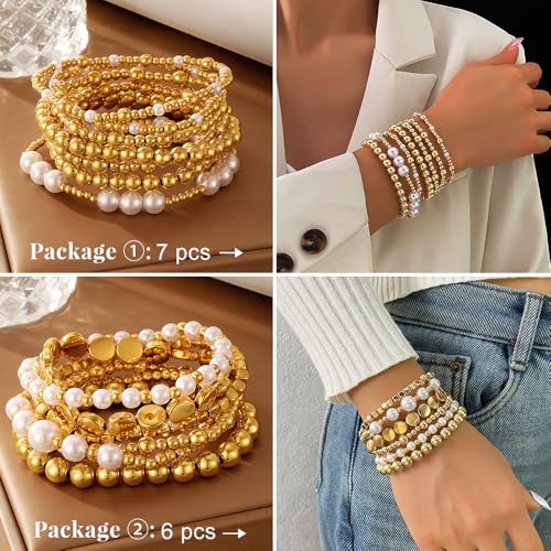 KISS WIFE Gold Bracelets for Women Gold Bracelet Stack Pearl Beaded Bracelets for Women Strand Bead Ball Stretchable Elastic Bracelet Set Adjustable Fashion Accessories Jewelry for Gifts2