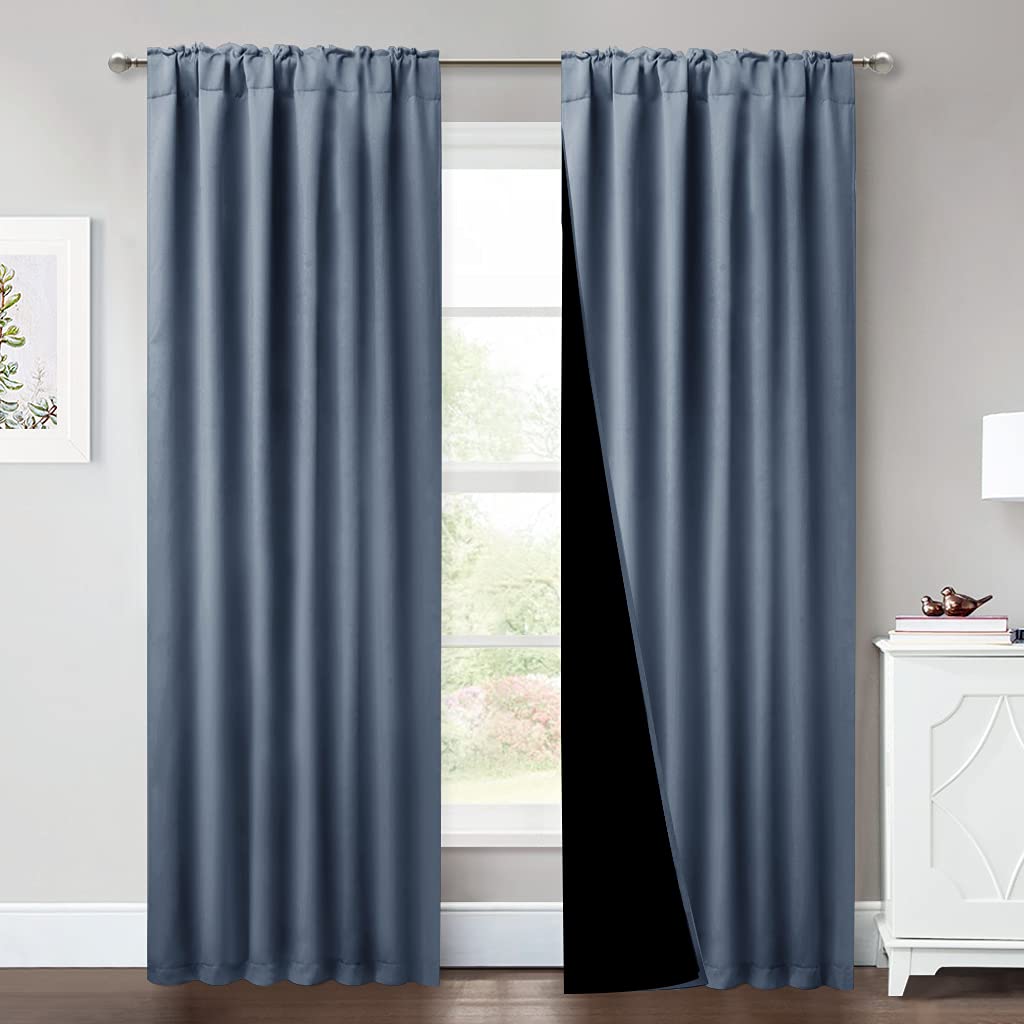 NICETOWN 100% Blackout Curtains 84 inches Long, Pair of Energy Smart & Noise Blocking Out Drapes for Baby Room Window, Thermal Insulated Guest Room Lined Window Dressing (Stone Blue, 52 inches Wide)