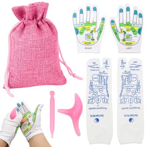 VEGCOO Reflexology Socks Gloves, Foot Massage Socks Acupressure Socks with Tools, Marked Acupoint Massage Socks & Gloves Set for Tired Relieve (Women,Size 34-39) (Pink)