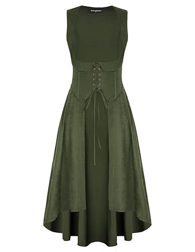 Scarlet Darkness Women Renaissance Costume Underbust Pirate Peasant High Low Dress with Pockets - Army Green - XX-Large
