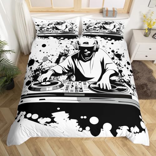 Homewish Set di biancheria da letto singolo con controller DJ, bianco e nero, per ragazze, con copripiumino con musica pop e hip hop, tema musicale, hippie, vintage, hipster, decorazione per la stanza