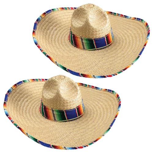 GiftExpress Mexican Sombrero 2 Pack Hat Adults with Serape Trim, 21' Wide Authentic Sombrero for Cinco de Mayo, Straw Sombrero with Serape Band, Adult Mexican Costume