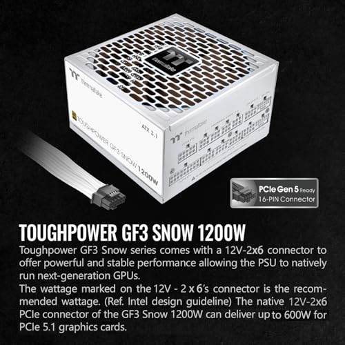 Image of Thermaltake Toughpower GF3 1200W; ATX 3.1; x2 Native PCIe 5.1 12V-2x6; Flat Cables; Japanese Main Capacitors; Colored Custom 135mm Fan; 80 Plus Gold Certified; Snow; PS-TPD-11200FNFAGU-N