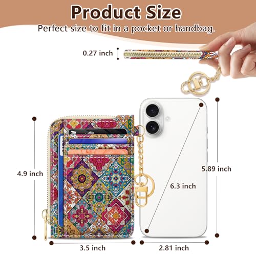 Image of GIANCOMICS Slim Wallet Credit Card Holder Women, Boho Bohemian Mandala Rfid Blocking Small Card Case, Keychain Thin Pocket Curved Zipper Wallet, Travel Card Holder PU Leather, Ladies Female Gifts