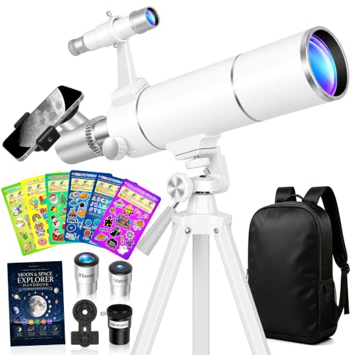 Gaterda Astronomique Enfant et Adulte, 80mm Ouverture 500 mm Télescope Réfracteur Blanc Portable pour Débutants avec 6 Thèmes d’Autocollants, Livret Lune et Planètes, Support Téléphone et Sac à Dos