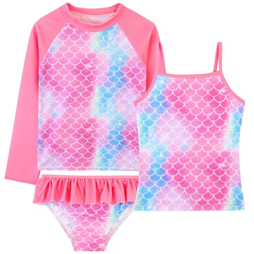 Image of DAXIANG Girls Rash Guard Swimsuit Long Sleeve Swim Shirt 3 Piece Tankini Bathing Suit with Bottom for Kid Toddler 3-12 Years