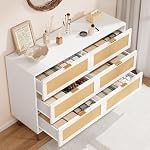 Rattan 6 Drawer Dresser, Farmhouse Wooden Chest of Drawers with 5 Metal Legs, Metal Handles, Wide Double Drawer Dresser for Bedroom, Living Room, Natural