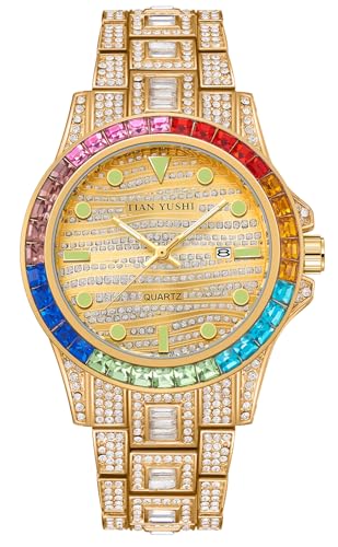 Luxury Bling-ed Out Colorful Full Diamond Watches Fashion Quartz Analog Stainless Steel Band Bracelet Wrist Watch (Gold)