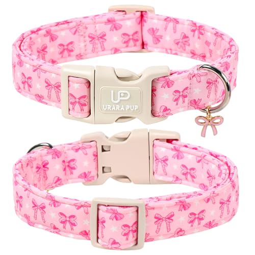Image of Cute Pink Bow Dog Collar, Girly Cotton Adjustable Puppy Collar with Charm & Durable Quick Release Buckle,Spring Summer Collars for Small Medium Large Dogs