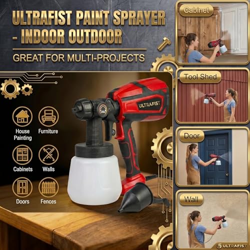 Image of Ultra Fist Gold 1200W HVLP Electric Paint Sprayer, Red, with 1000ml Container, 3 Nozzles, Brass Nozzle, Adjustable Flow Control, for Walls, Furniture & Fences