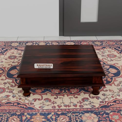 Image of Solid Sheesham Wood Pooja Chowki for Home & Mandir | Wooden Chowki Table for Living Room, Hall & Office | Traditional Low Height Wooden Table for Pooja Room, Coffee & Dcor | Walnut Finish