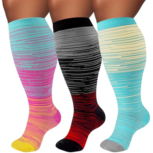 Image of Plus Size Compression Socks for Women & Men 3 Pairs, Wide Calf Extra Large 20-30 mmHg Knee High Support Socks for Travel, Running, Nurse
