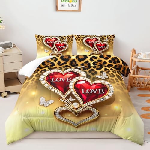 Image of AILONEN Romantic Love Heart Bedding Set Queen Size,Gold Leopard Print Comforter with 2 Pillowcases,3-Piece Red Jeweled Hearts Quilt Set for Lover Couple