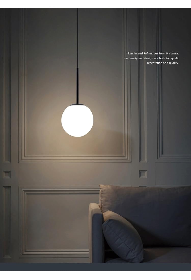 Bezprzewodowa lampa wisząca na baterie z żarówką ładowaną przez USB i pilotem, nieokablowana lampa wisząca z połowy stulecia z białym kloszem ze szkła, do stołu jadalnego z wyspą kuchenną, sypialnia