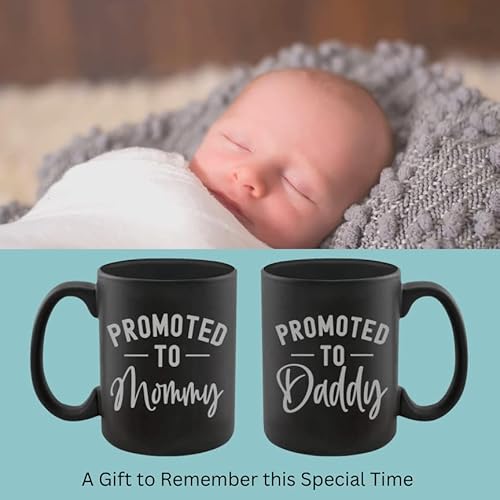 Pregnancy Gift Promoted To Mommy - Promoted To Daddy 11 Oz Mug With Silver Text - Top Mom And Dad Gift Set For New And Expecting Parents To Be - Baby Shower Idea #TOP2